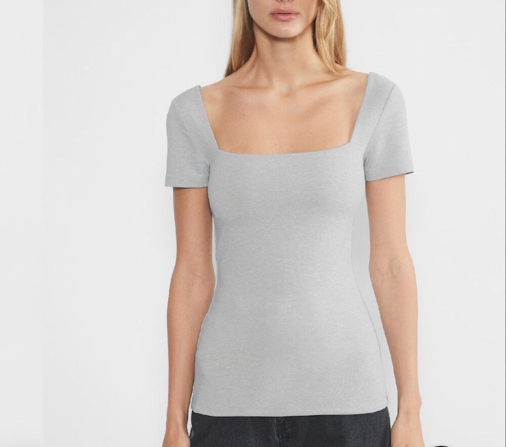 Aritzia Women's Square Neck Short Cap Sleeve Fitted Casual Top Gray L NEW